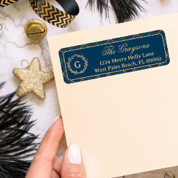 リースクラシックモノグラムブループレイドクリスマス ラベル