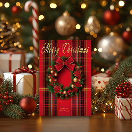 リースクラシックレッドプレイドクリスマス折り畳み カード