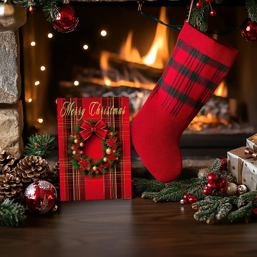 リースクラシックレッドプレイドクリスマス折り畳み ポストカード