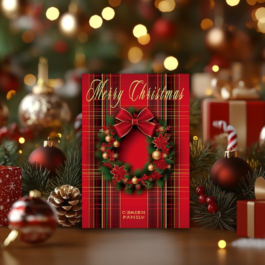 リースクラシックレッドプレイドクリスマス折り畳み ポストカード