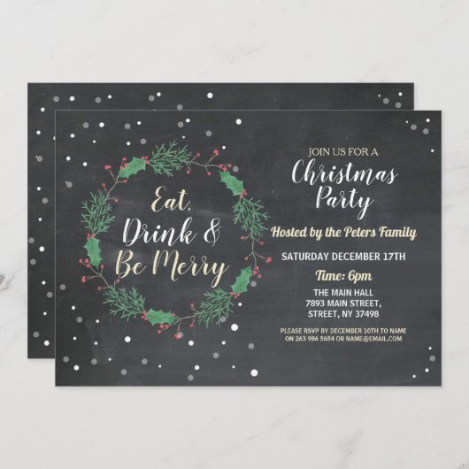 リースクリスマスディナーパーティーデイホリデーチョーク 招待状 (正面/裏面)