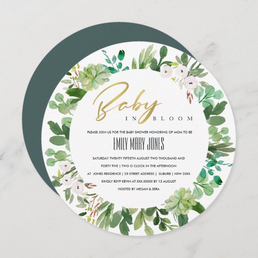 リースシャワーにおける多汁性開花葉ベビー 招待状 (正面/裏面)