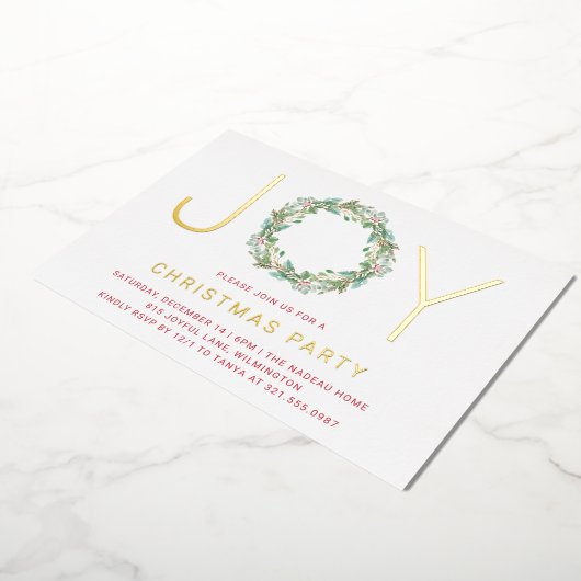 リースシンプルジョイエレガントクリスマスパーティー 箔招待状 (回転した状態)