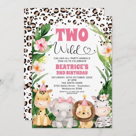 リースチエタプリントサファリツーワイルドバースデー 招待状 (正面/裏面)