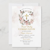 リースバタフライピンクローゼファースト聖餐式 招待状 (正面)
