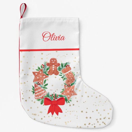 リースパーソナライズされた金ゴールドスタークッキークリスマス スモールクリスマスストッキング (正面)