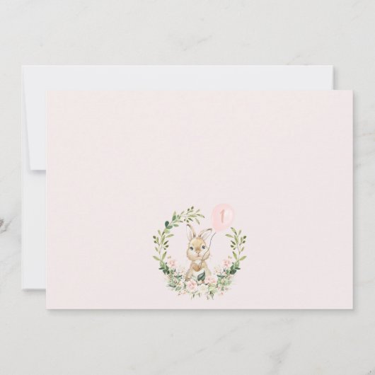 リースピンクのフローラ写真いくつかのバニー1歳の誕生日 招待状 (裏面)