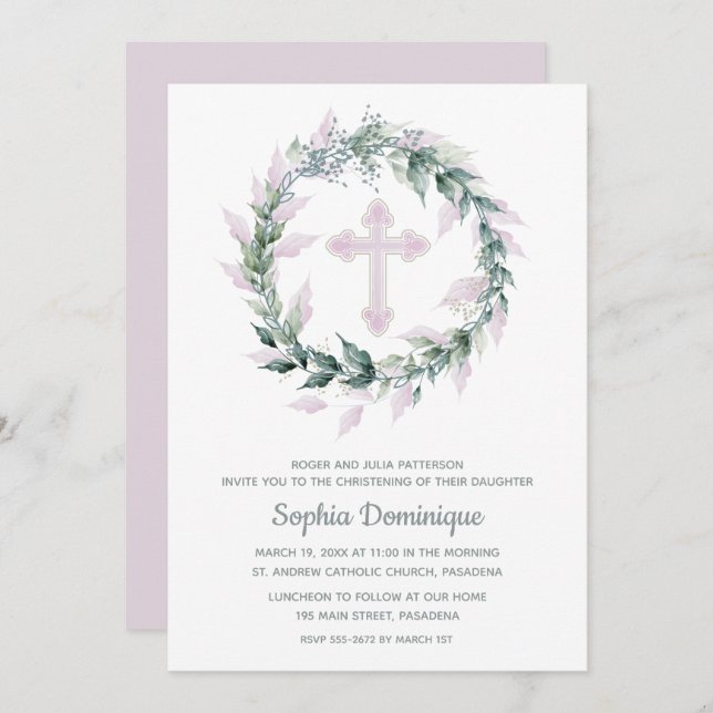 リースピンククロスファースト招待状 (正面/裏面)