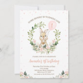 リースピンクフローラソフバニー1歳の誕生日 招待状 (正面)