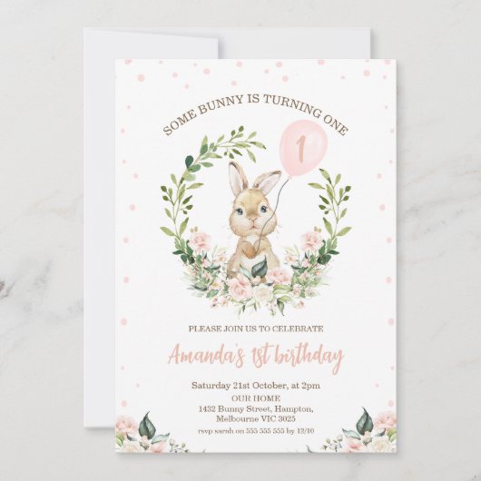 リースピンクフローラソフバニー1歳の誕生日 招待状 (正面)