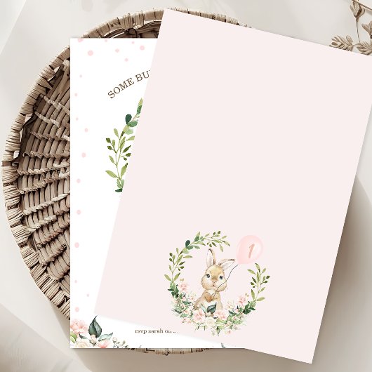 リースピンクフローラソフバニー1歳の誕生日 招待状