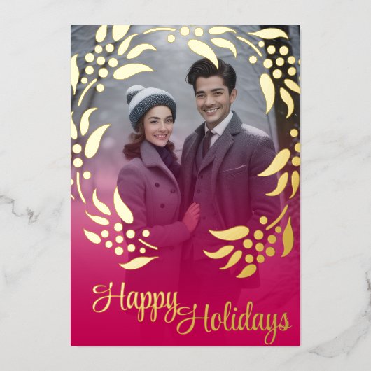 リースフレームとフォトフォイルのホリデーカード 箔シーズンカード (正面)