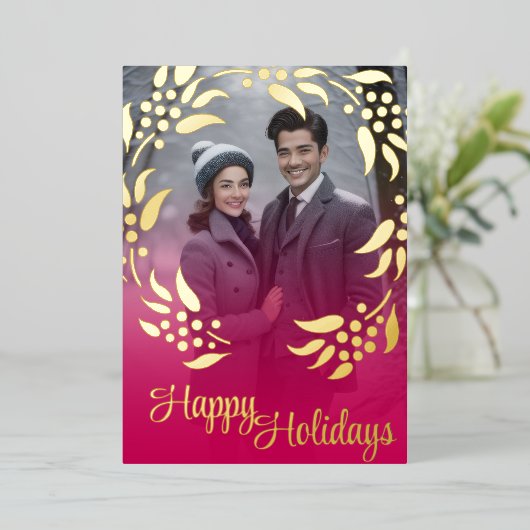 リースフレームとフォトフォイルのホリデーカード 箔シーズンカード (立ち正面)