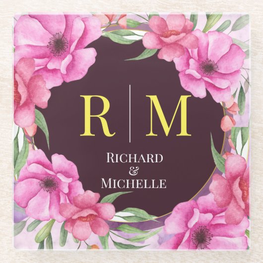 リースフローライニシャル文字モノグラム名大理石 ガラスコースター (正面)