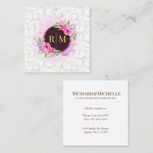 リースフローライニシャル文字モノグラム名大理石 スクエア名刺 (正面/裏面)