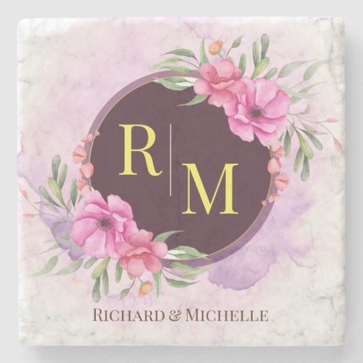 リースフローライニシャル文字モノグラム名大理石 ストーンコースター (正面)