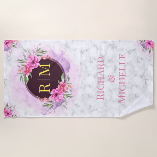 リースフローライニシャル文字モノグラム名大理石 ビーチタオル (正面)