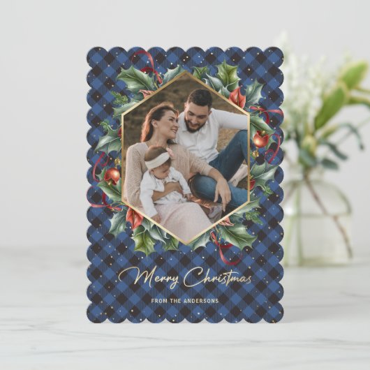 リースブルーバッファロープレイドフォトクリスマスカード シーズンカード (スタンド正面)