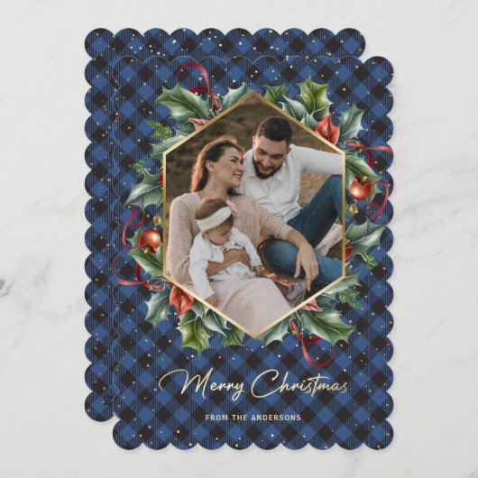 リースブルーバッファロープレイドフォトクリスマスカード シーズンカード (正面/裏面)