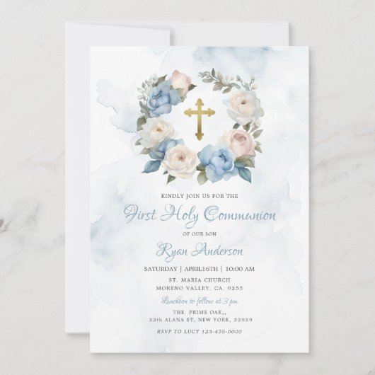 リースブルーピンクファースト聖餐式 招待状 (正面)