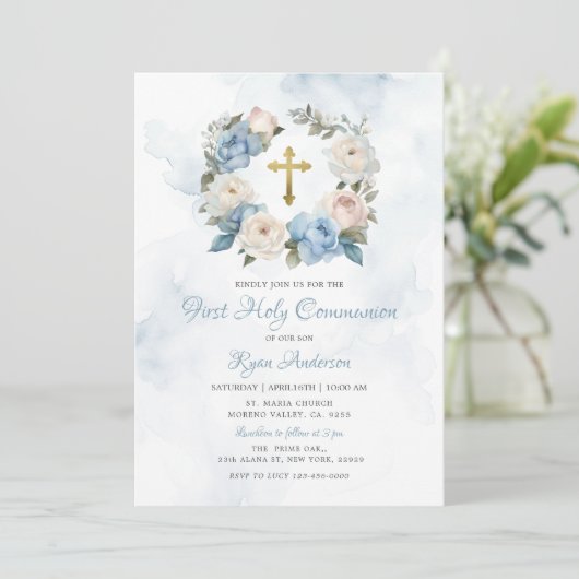 リースブルーピンクファースト聖餐式 招待状 (スタンド正面)