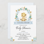 リースブルーフローラベビーライオンベビーシャワー 招待状 (正面/裏面)