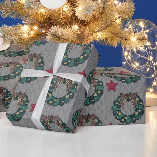リースボウと赤クリスマススタースチールグレー ラッピングペーパー (クリスマス)