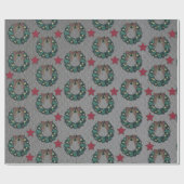 リースボウと赤クリスマススタースチールグレー ラッピングペーパー (フラット)