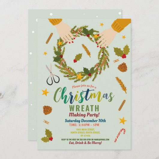 リースメイキングフェスティバルパーティークリスマスファミリー 招待状 (正面/裏面)