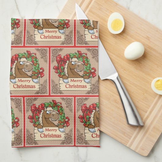 リースメリークリスマスサイン付き漫画の馬 キッチンタオル (四つ折り)