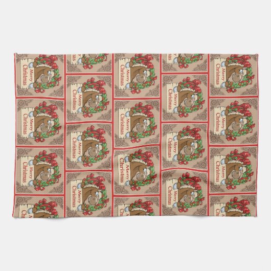 リースメリークリスマスサイン付き漫画の馬 キッチンタオル (横)