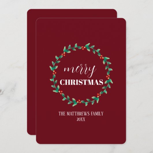 リースメリークリスマスファミリーパーソナライズされた名 シーズンカード (正面/裏面)
