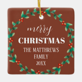 リースメリークリスマスフォトネームテラコッタ セラミックオーナメント