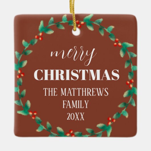 リースメリークリスマスフォトネームテラコッタ セラミックオーナメント (正面)