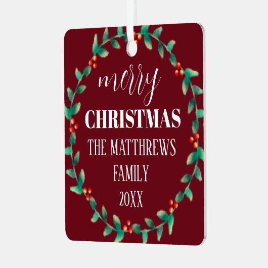 リースメリークリスマスフォトパーソナライズされた名 メタルオーナメント (正面左)