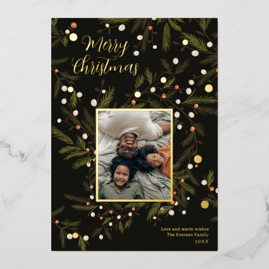 リースモダングリーンクリスマスファミリー4枚の写真 箔シーズンカード (正面)