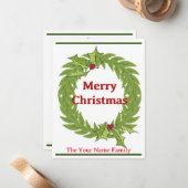 リースモダンメリークリスマスカードグリーンレッド ノートカード (正面/裏面インサイチュ)