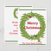 リースモダンメリークリスマスカードグリーンレッド ノートカード (正面/裏面)