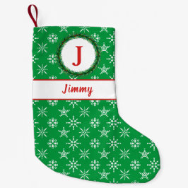 リースモノグラムあなたの名前グリーン&ホワイトスノーフレーク スモールクリスマスストッキング