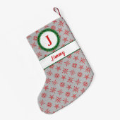 リースモノグラムあなたの名前シルバー&レッドスノーフレーク スモールクリスマスストッキング (裏面 (吊り時))