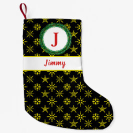リースモノグラムあなたの名前ブラックイエロースノーフレーク スモールクリスマスストッキング