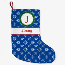 リースモノグラムあなたの名前ブルー&ホワイトスノーフレーク スモールクリスマスストッキング