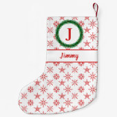 リースモノグラムあなたの名前ホワイト&レッドスノーフレーク スモールクリスマスストッキング (裏面)