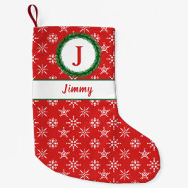 リースモノグラムあなたの名前レッド&ホワイトスノーフレーク スモールクリスマスストッキング