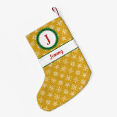 リースモノグラムあなたの名前金ゴールド&ホワイトスノーフレーク スモールクリスマスストッキング (裏面 (吊り時))