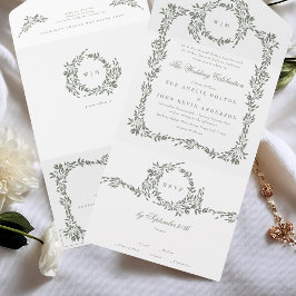 リースモノグラムセージエレガントグリーンフレ結婚ーム オールインワン招待状
