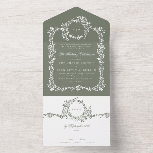 リースモノグラムセージクラシックグリーン結婚フレームズ オールインワン招待状 (内側)