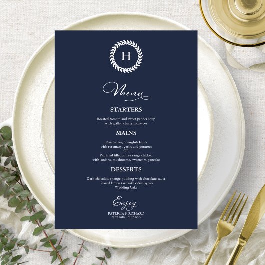 リースモノグ結婚ラムのメニューカードNavy blue メニュー