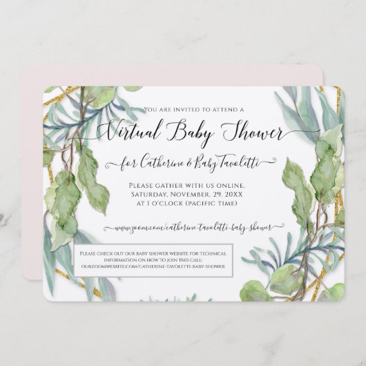 リースユーカリの葉の仮想ベビーガールシャワー 招待状 (正面/裏面)