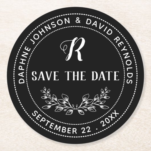 リースヴィンテージモノグラムブラック日付の保存 ラウンドペーパーコースター (正面)
